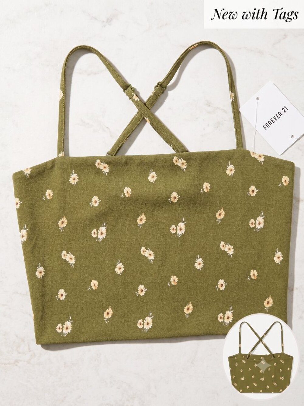 Olive Green Floral Crop Cami Tank Top Size S (Forever 21)